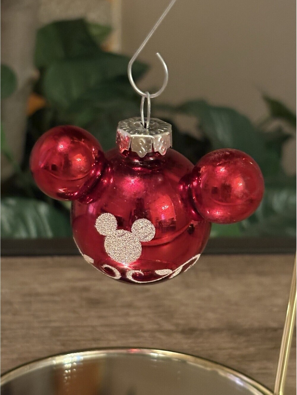 Disney Minnie Mouse Ears Head Mini Blown Glass Glitter Christmas Ornament Red